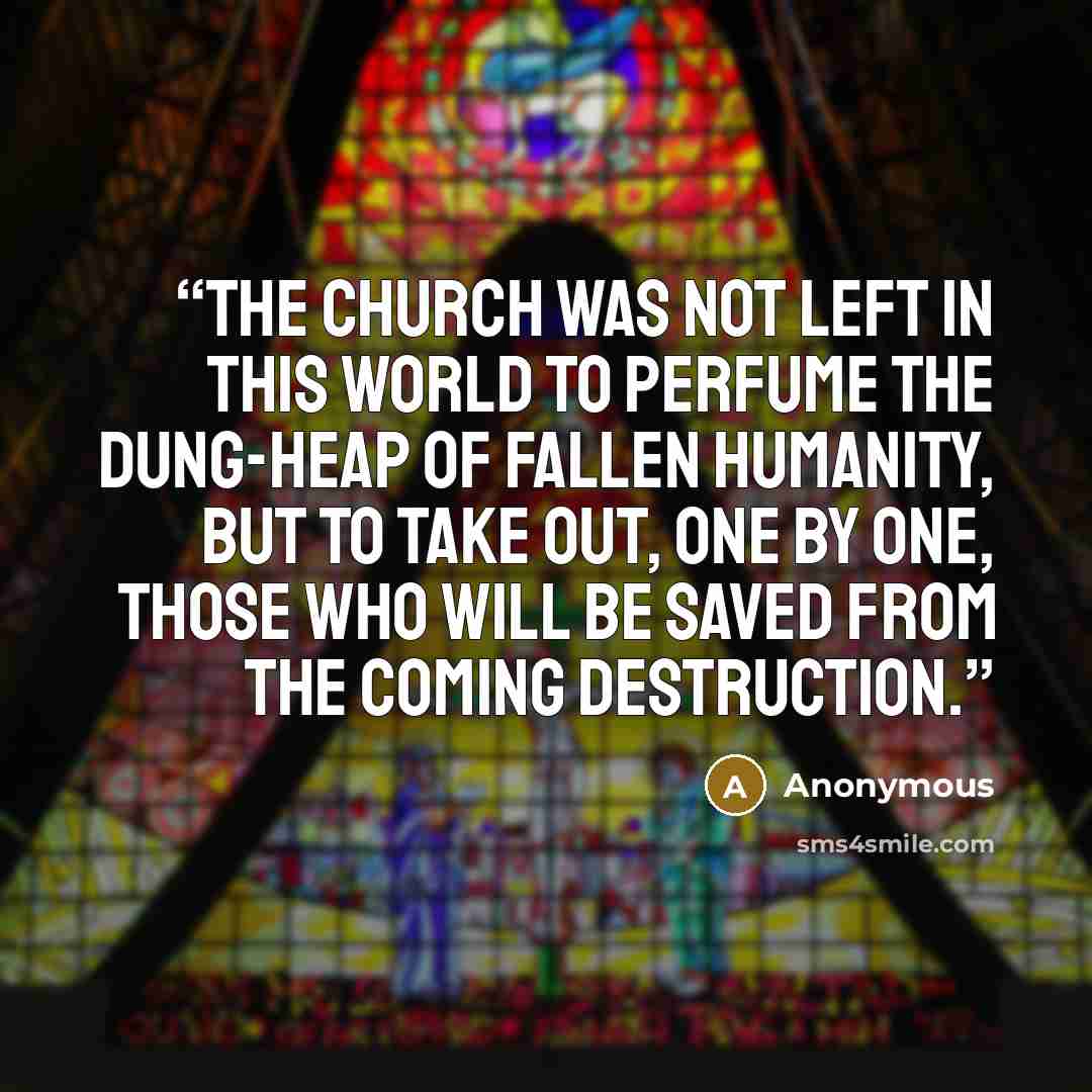 “The Church was not left in this world to perfume the dung-heap of fallen humanity, but to take out, one by one, those who will be saved from the coming destruction.” quote by Anonymous
