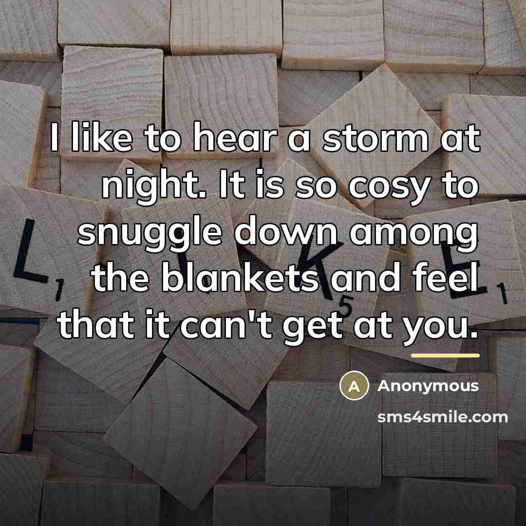 “I like to hear a storm at night. It is…” quote by Anonymous
