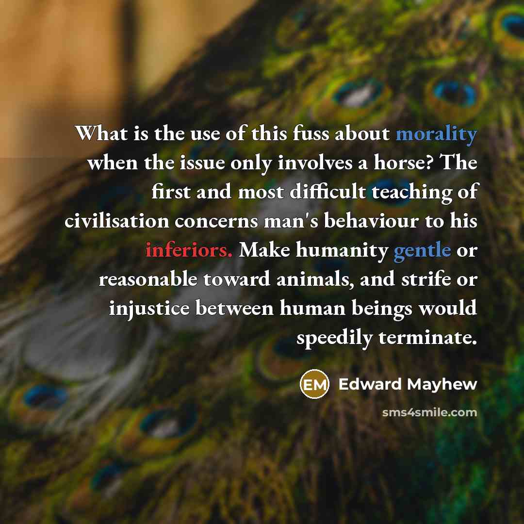 “What is the use of this fuss about morality when the issue only involves a horse? The first and most difficult teaching of civilisation concerns man's behaviour to his inferiors. Make humanity gentle or reasonable toward animals, and strife or injustice between human beings would speedily terminate.” quote by Edward Mayhew