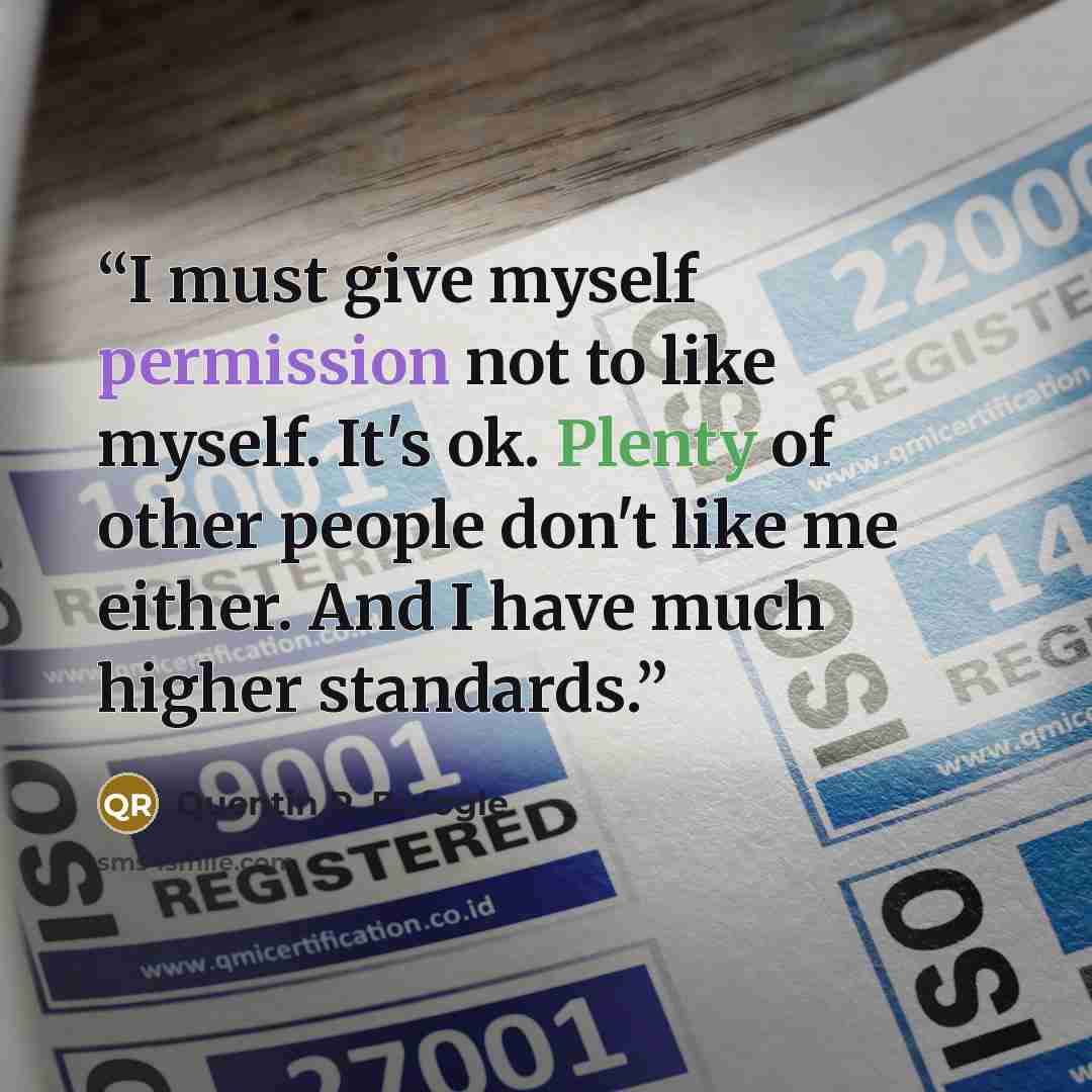 “I must give myself permission not to like myself. It's ok. Plenty of other people don't like me either. And I have much higher standards.” quote by Quentin R. Bufogle