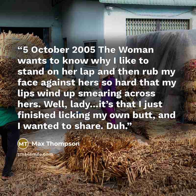 “5 October 2005 The Woman wants to know why I like to stand on her lap and then rub my face against hers so hard that my lips wind up smearing across hers. Well, lady…it’s that I just finished licking my own butt, and I wanted to share. Duh.” quote by Max Thompson