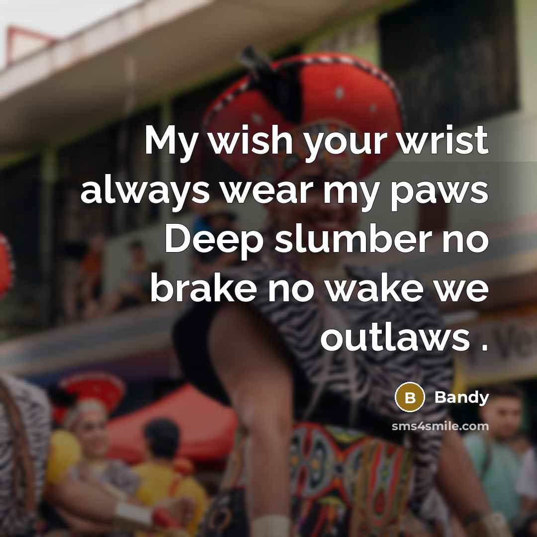 “My wish your wrist always wear my paws Deep slumber no brake no wake we outlaws .” quote by Bandy