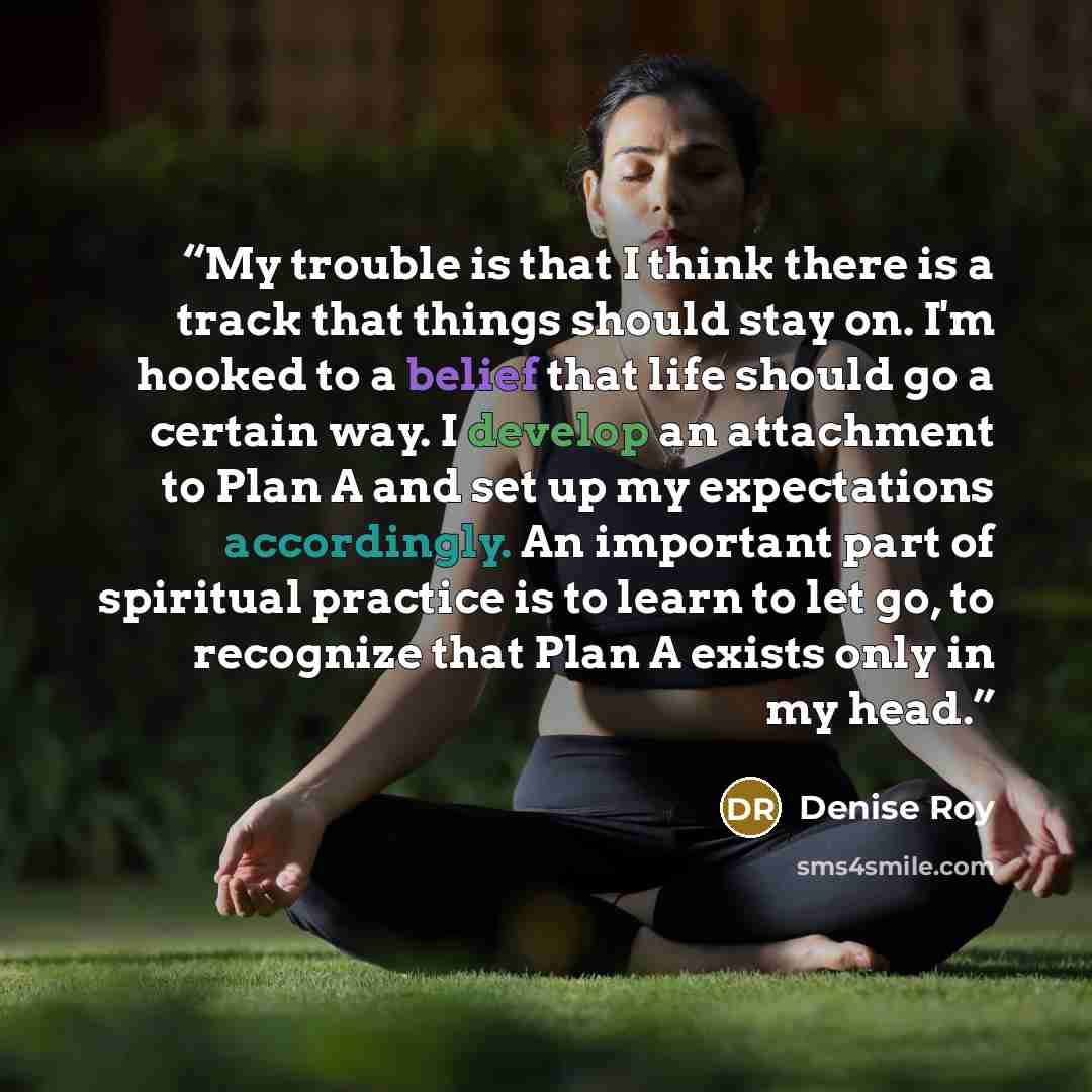 “My trouble is that I think there is a track that things should stay on. I'm hooked to a belief that life should go a certain way. I develop an attachment to Plan A and set up my expectations accordingly. An important part of spiritual practice is to learn to let go, to recognize that Plan A exists…” quote by Denise Roy