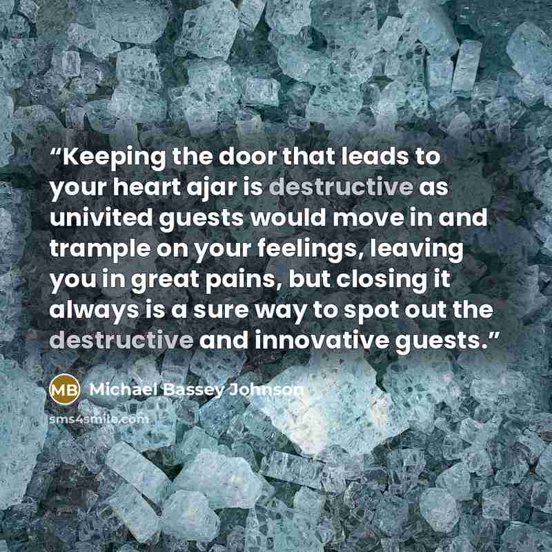 “Keeping the door that leads to your heart ajar is destructive as univited guests would move in and trample on your feelings, leaving you in great pains, but closing it always is a sure way to spot out the destructive and innovative guests.” quote by Michael Bassey Johnson