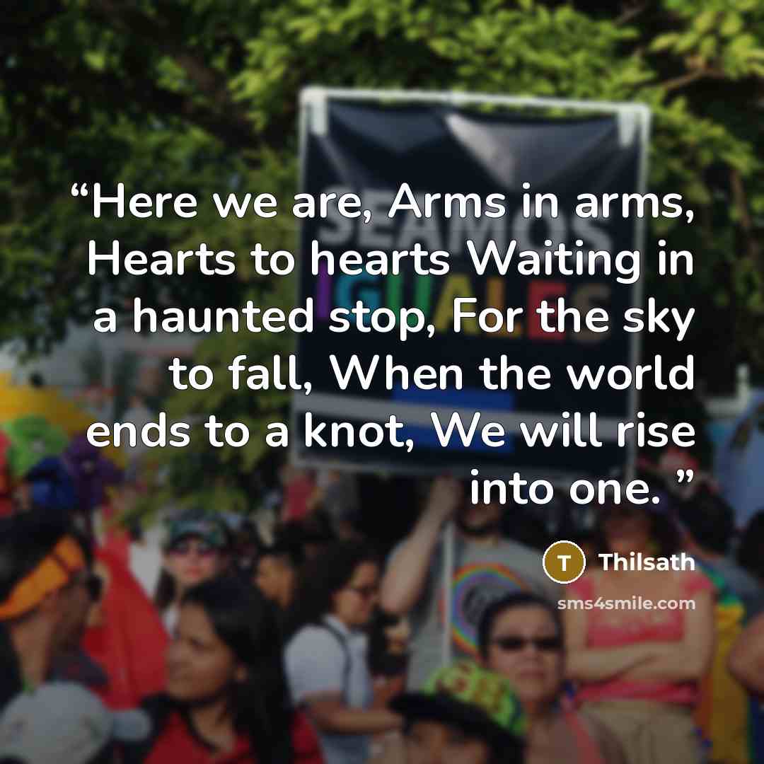 “Here we are, Arms in arms, Hearts to hearts Waiting in a haunted stop, For the sky to fall, When the world ends to a knot, We will rise into one.” quote by Thilsath