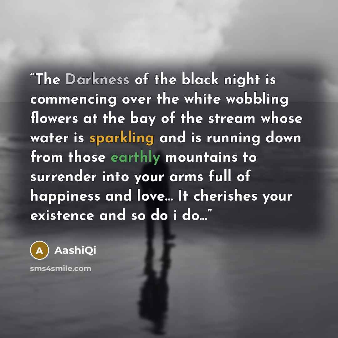 “The Darkness of the black night is commencing over the white wobbling flowers at the bay of the stream whose water is sparkling and is running down from those earthly mountains to surrender into your arms full of happiness and love… It cherishes your existence and so do i do...” quote by AashiQi