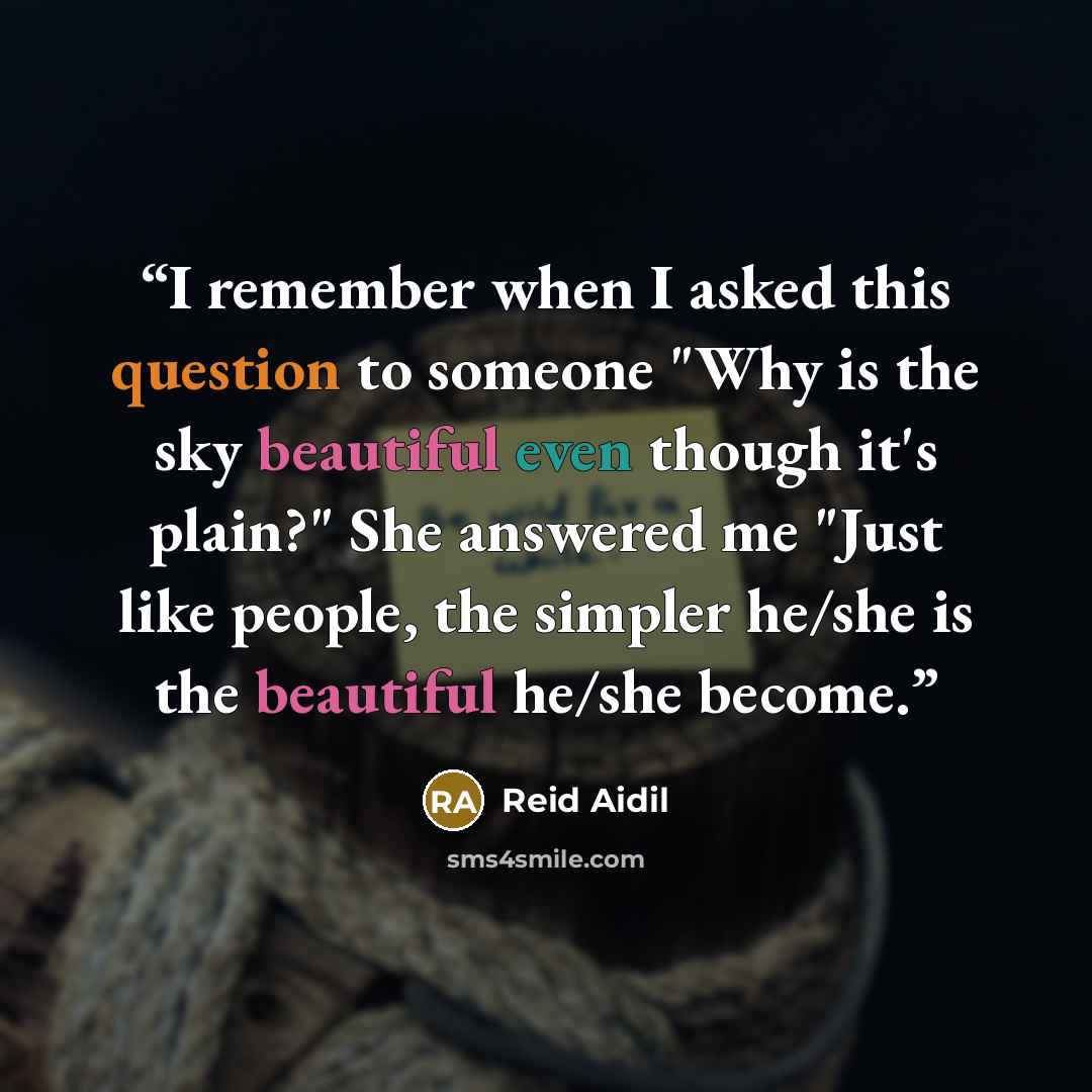 “I remember when I asked this question to someone "Why is the sky beautiful even though it's plain?" She answered me "Just like people, the simpler he/she is the beautiful he/she become.” quote by Reid Aidil