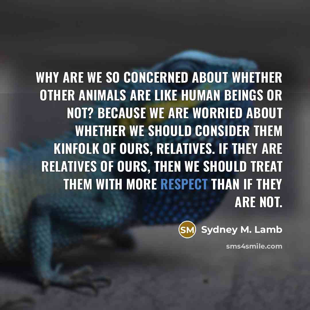 “Why are we so concerned about whether other animals are like human beings or not? Because we are worried about whether we should consider them kinfolk of ours, relatives. If they are relatives of ours, then we should treat them with more respect than if they are not.” quote by Sydney M. Lamb