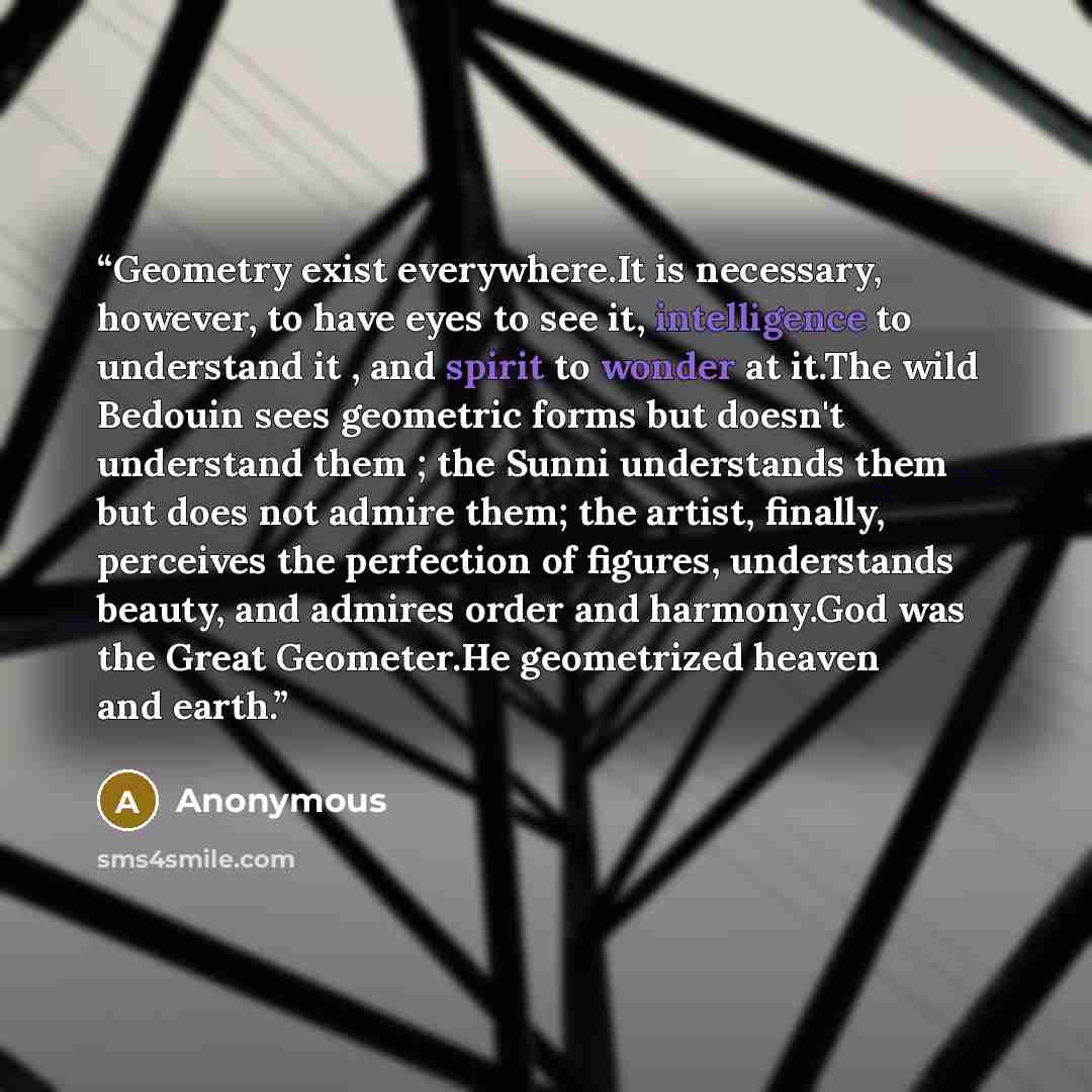 “Geometry exist everywhere.It is necessary, however, to have eyes to see it, intelligence to understand it , and spirit to wonder at it.The wild Bedouin sees geometric forms but doesn't understand them ; the Sunni understands them but does not admire them; the artist, finally, perceives the…” quote by Anonymous