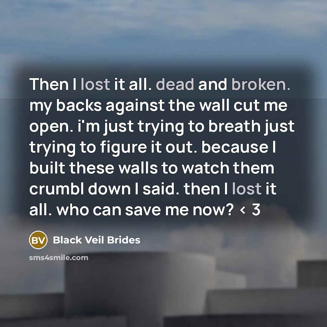 “Then I lost it all. dead and broken. my backs against the wall cut me open. i'm just trying to breath just trying to figure it out. because I built these walls to watch them crumbl down I said. then I lost it all. who can save me now? < 3” quote by Black Veil Brides