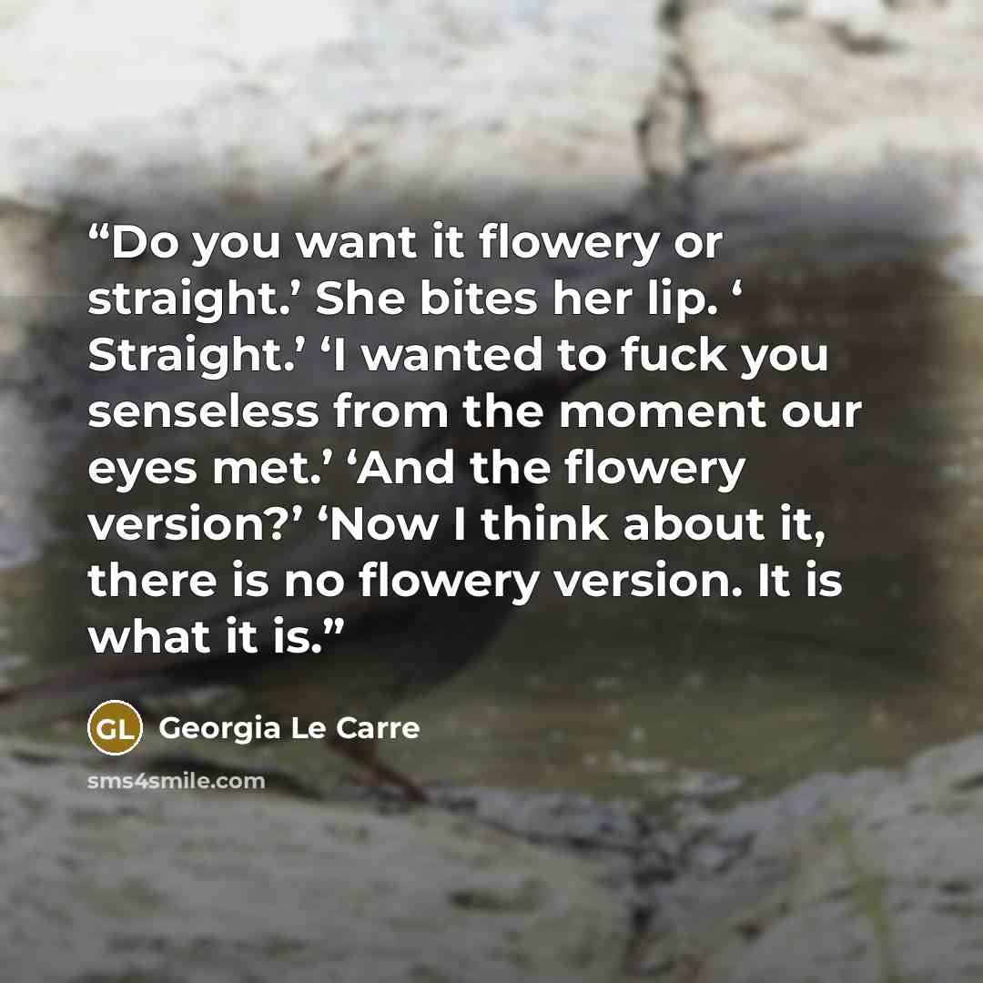 “Do you want it flowery or straight.’ She bites her lip. ‘ Straight.’ ‘I wanted to fuck you senseless from the moment our eyes met.’ ‘And the flowery version?’ ‘Now I think about it, there is no flowery version. It is what it is.” quote by Georgia Le Carre