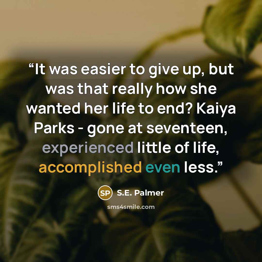 “It was easier to give up, but was that really how she wanted her life to end? Kaiya Parks - gone at seventeen, experienced little of life, accomplished even less.” quote by S.E. Palmer