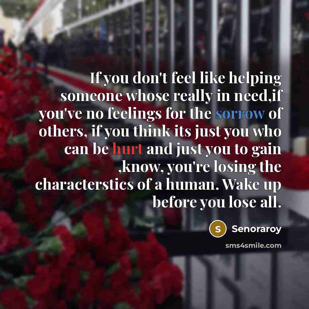 “If you don't feel like helping someone whose really in need,if you've no feelings for the sorrow of others, if you think its just you who can be hurt and just you to gain ,know, you're losing the characterstics of a human. Wake up before you lose all.” quote by Senoraroy