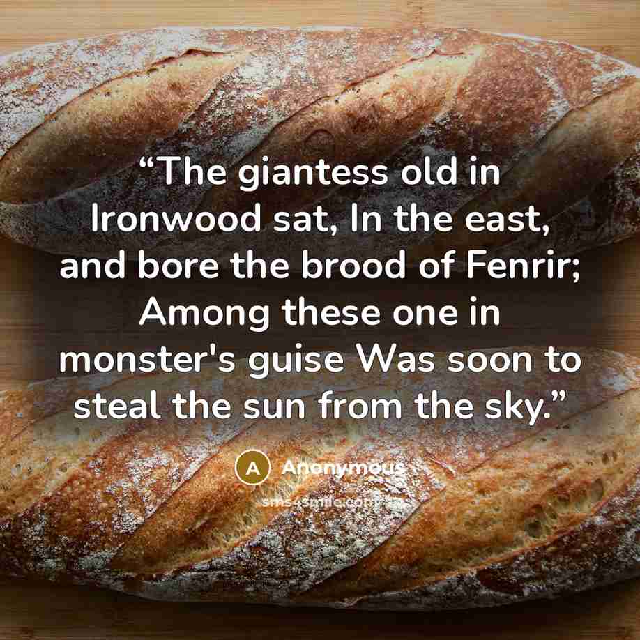 “The giantess old in Ironwood sat, In the east, and bore the brood of Fenrir; Among these one in monster's guise Was soon to steal the sun from the sky.” quote by Anonymous