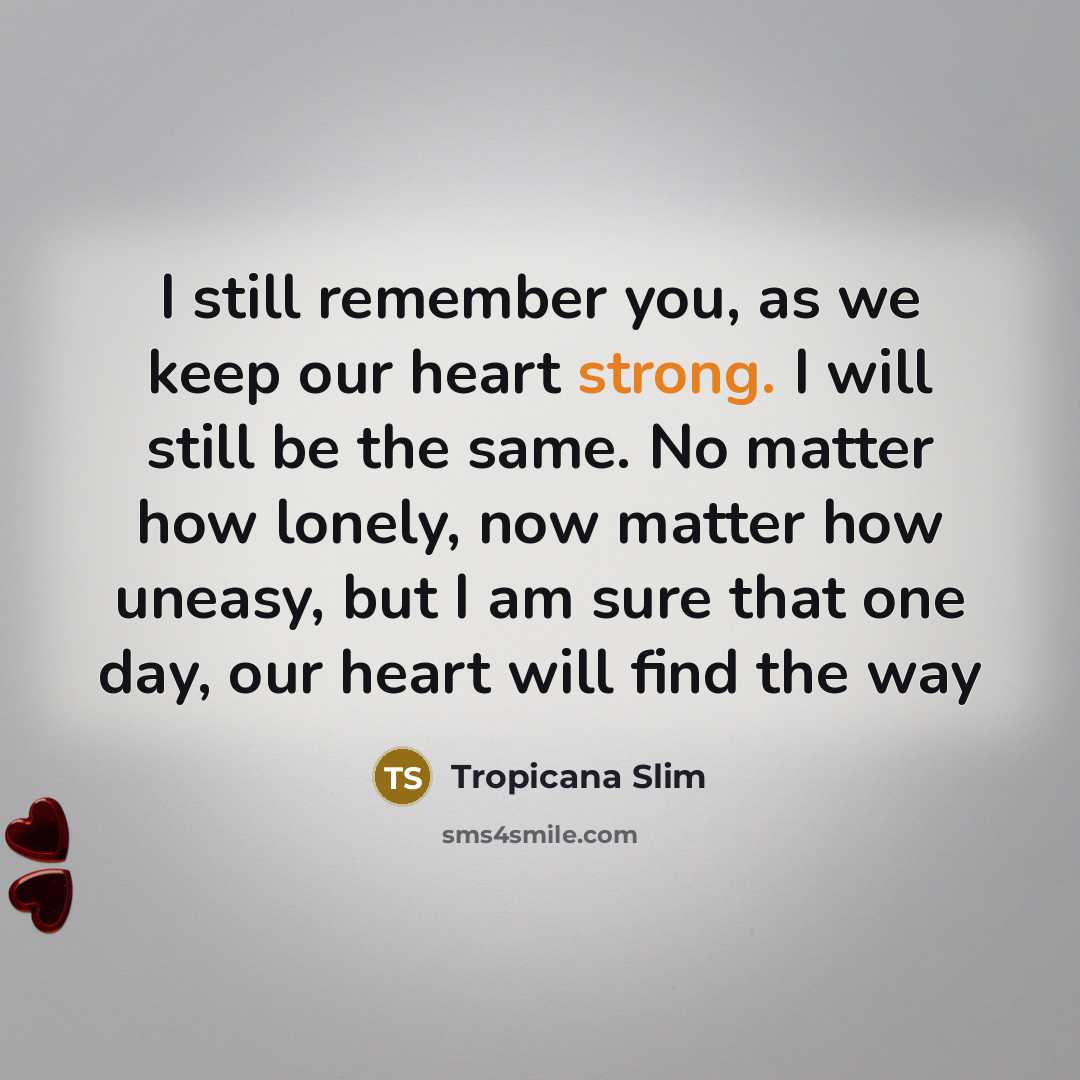 “I still remember you, as we keep our heart strong. I will still be the same. No matter how lonely, now matter how uneasy, but I am sure that one day, our heart will find the way” quote by Tropicana Slim