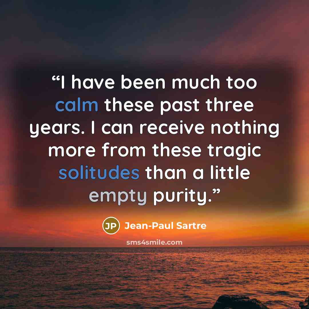“I have been much too calm these past three years. I can receive nothing more from these tragic solitudes than a little empty purity.” quote by Jean-Paul Sartre