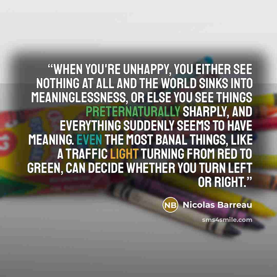 “When you're unhappy, you either see nothing at all and the world sinks into meaninglessness, or else you see things preternaturally sharply, and everything suddenly seems to have meaning. Even the most banal things, like a traffic light turning from red to green, can decide whether you turn left…” quote by Nicolas Barreau