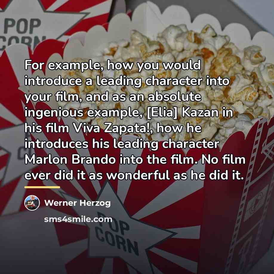 “For example, how you would introduce a leading character into…” quote by Werner Herzog