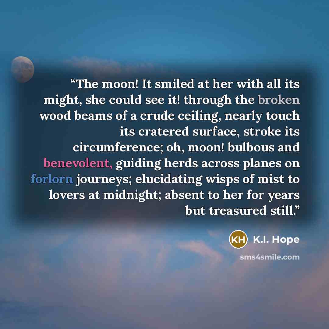 “The moon! It smiled at her with all its might, she could see it! through the broken wood beams of a crude ceiling, nearly touch its cratered surface, stroke its circumference; oh, moon! bulbous and benevolent, guiding herds across planes on forlorn journeys; elucidating wisps of mist to lovers at…” quote by K.I. Hope