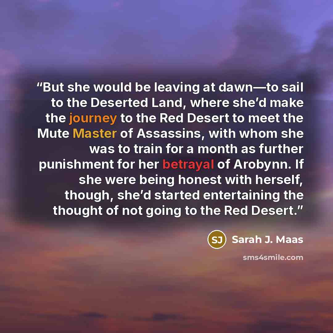 “But she would be leaving at dawn—to sail to the Deserted Land, where she’d make the journey to the Red Desert to meet the Mute Master of Assassins, with whom she was to train for a month as further punishment for her betrayal of Arobynn. If she were being honest with herself, though, she’d started…” quote by Sarah J. Maas