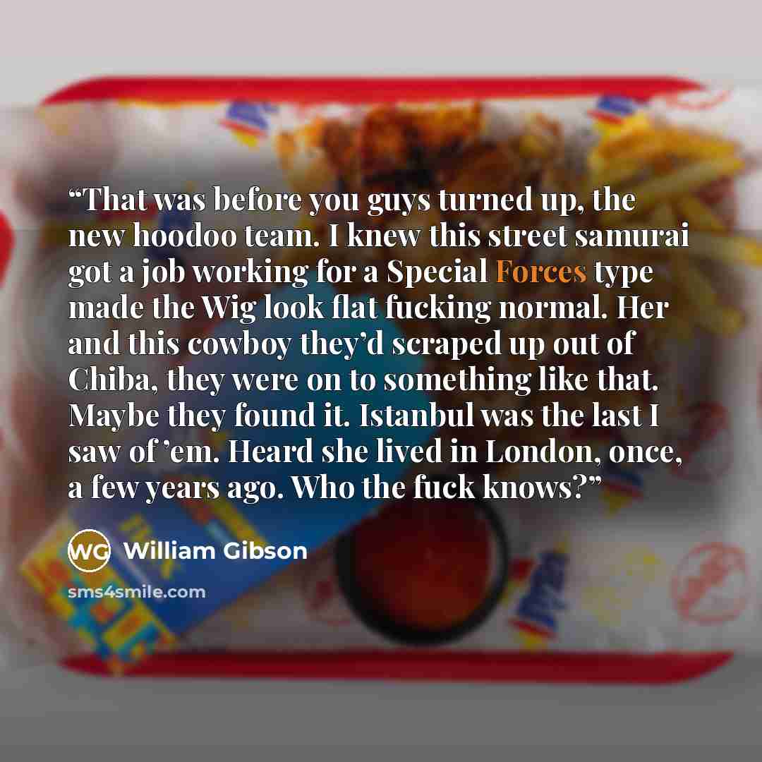 “That was before you guys turned up, the new hoodoo team. I knew this street samurai got a job working for a Special Forces type made the Wig look flat fucking normal. Her and this cowboy they’d scraped up out of Chiba, they were on to something like that. Maybe they found it. Istanbul was the last…” quote by William Gibson