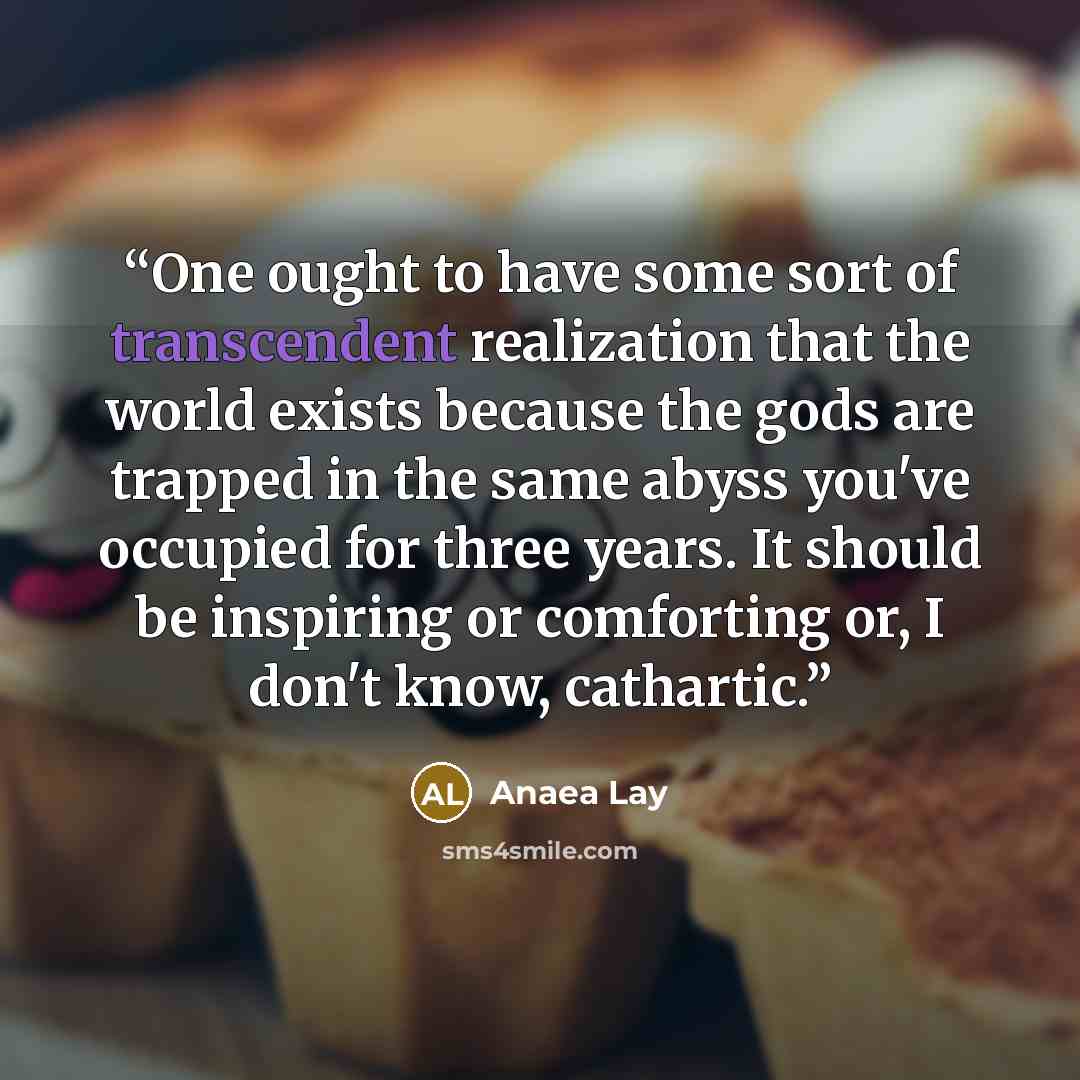 “One ought to have some sort of transcendent realization that the world exists because the gods are trapped in the same abyss you've occupied for three years. It should be inspiring or comforting or, I don't know, cathartic.” quote by Anaea Lay