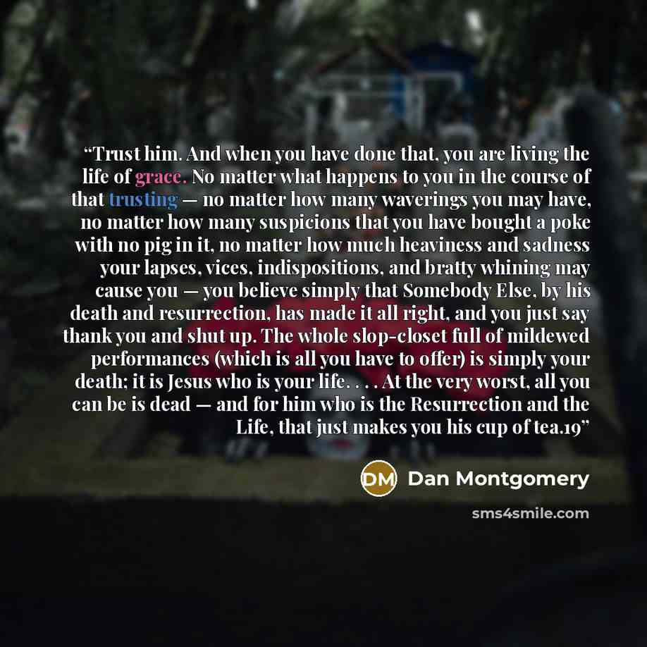 “Trust him. And when you have done that, you are living the life of grace. No matter what happens to you in the course of that trusting — no matter how many waverings you may have, no matter how many suspicions that you have bought a poke with no pig in it, no matter how much heaviness and sadness…” quote by Dan Montgomery