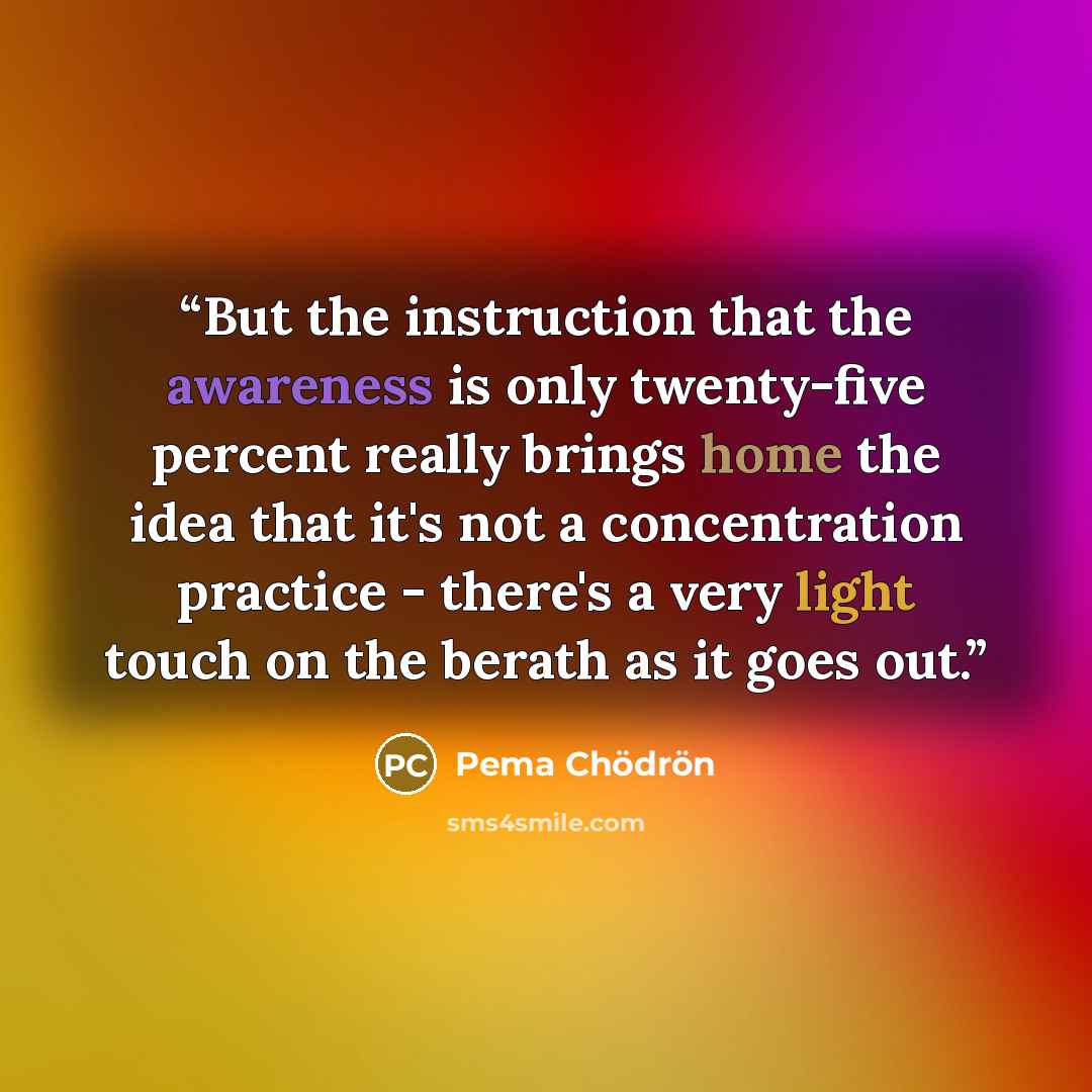“But the instruction that the awareness is only twenty-five percent really brings home the idea that it's not a concentration practice - there's a very light touch on the berath as it goes out.” quote by Pema Chödrön