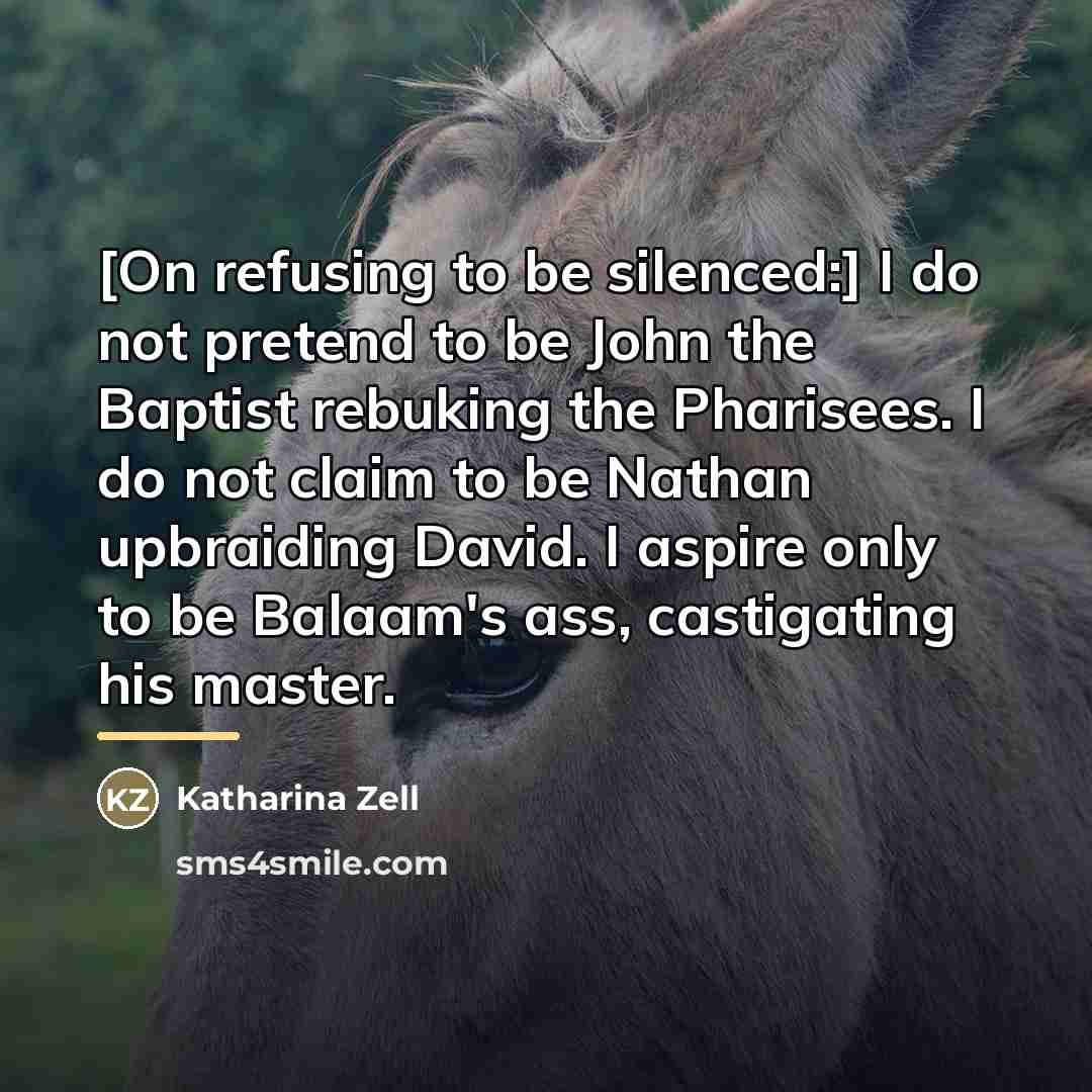 “[On refusing to be silenced:] I do not pretend to…” quote by Katharina Zell