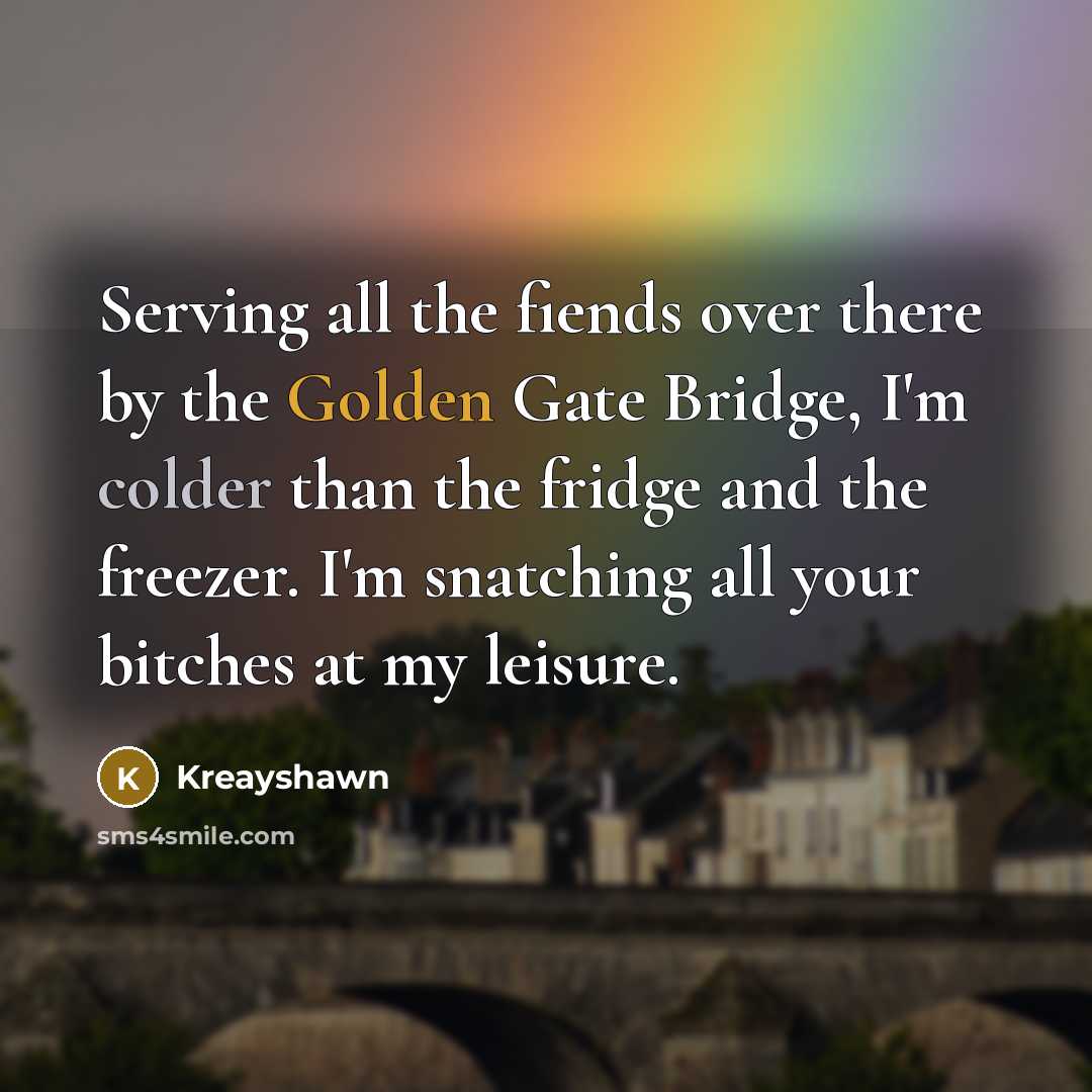 “Serving all the fiends over there by the Golden Gate Bridge, I'm colder than the fridge and the freezer. I'm snatching all your bitches at my leisure.” quote by Kreayshawn