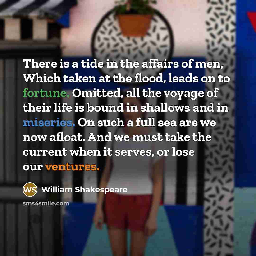 “There is a tide in the affairs of men, Which taken at the flood, leads on to fortune. Omitted, all the voyage of their life is bound in shallows and in miseries. On such a full sea are we now afloat. And we must take the current when it serves, or lose our ventures.” quote by William Shakespeare