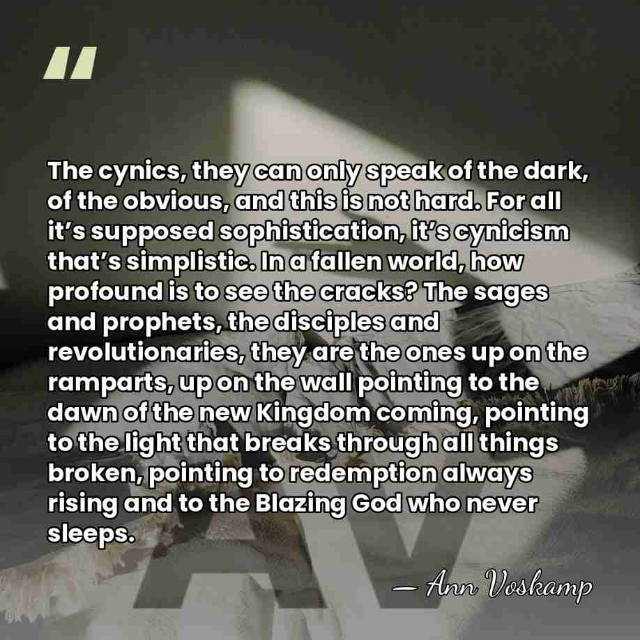 The cynics, they can only speak of the dark, of the obvious,&hellip; - Ann Voskamp