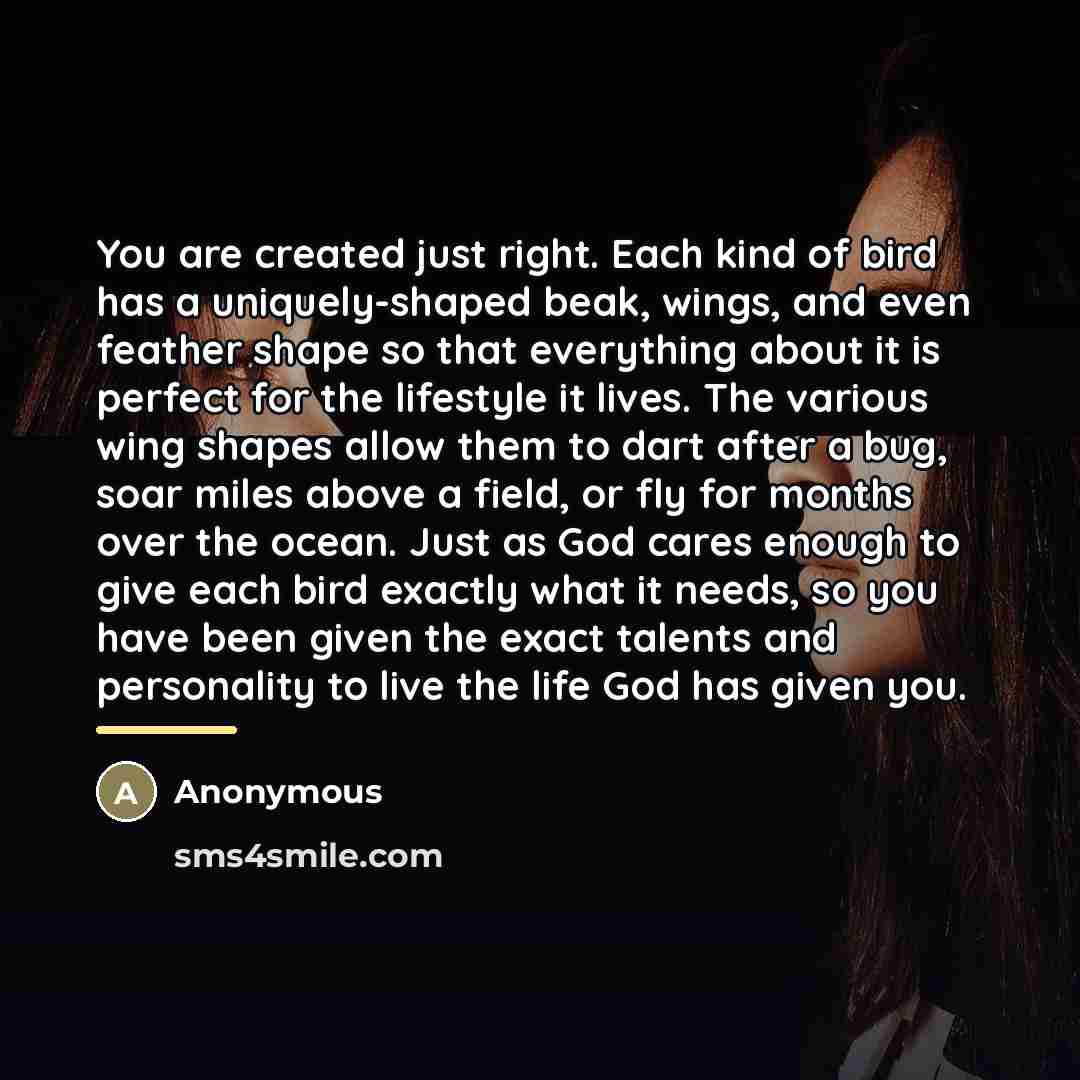 “You are created just right. Each kind of bird has…” quote by Anonymous