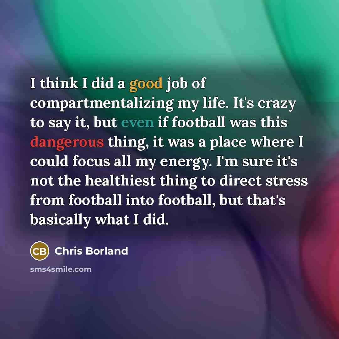 “I think I did a good job of compartmentalizing my life. It's crazy to say it, but even if football was this dangerous thing, it was a place where I could focus all my energy. I'm sure it's not the healthiest thing to direct stress from football into football, but that's basically what I did.” quote by Chris Borland