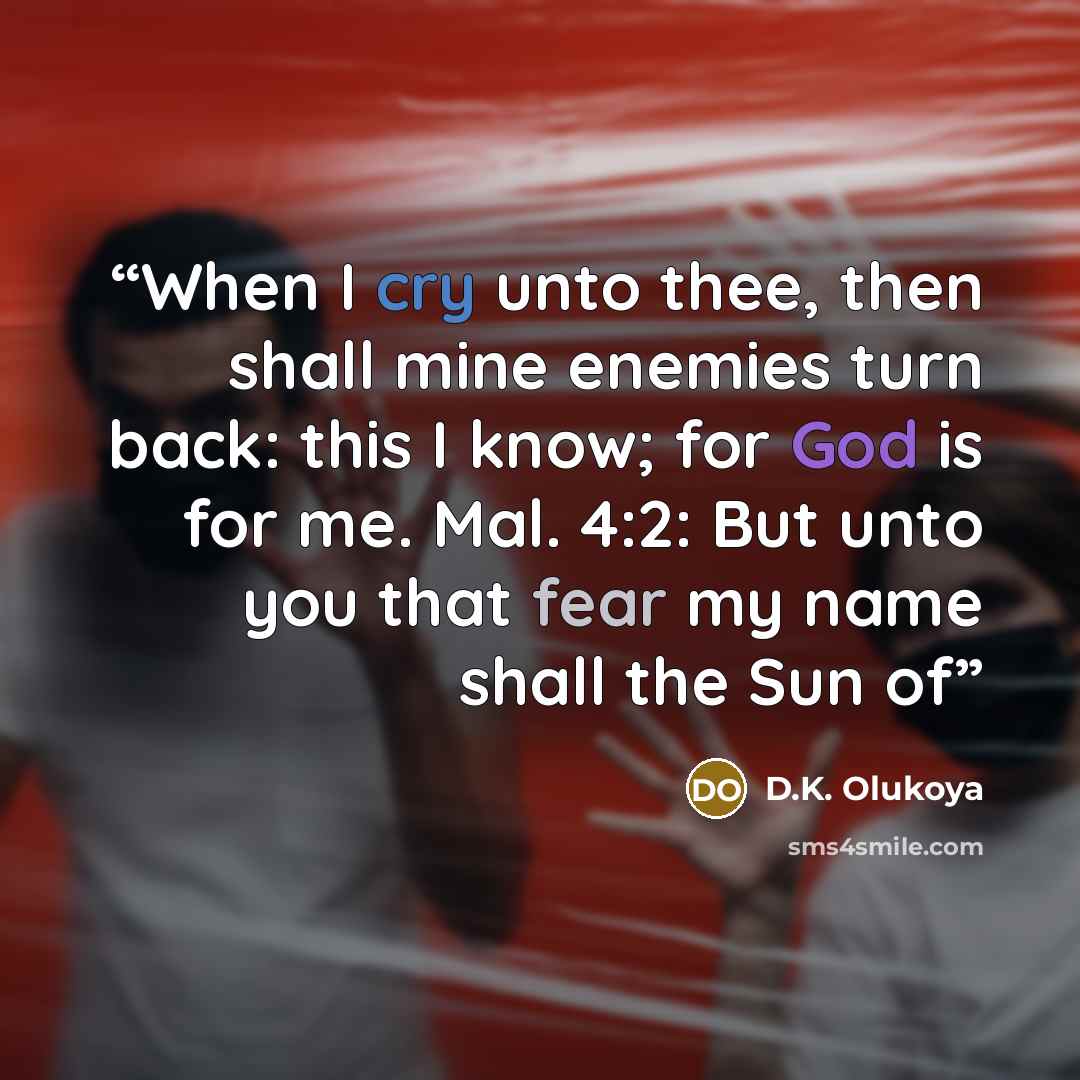 “When I cry unto thee, then shall mine enemies turn back: this I know; for God is for me. Mal. 4:2: But unto you that fear my name shall the Sun of” quote by D.K. Olukoya