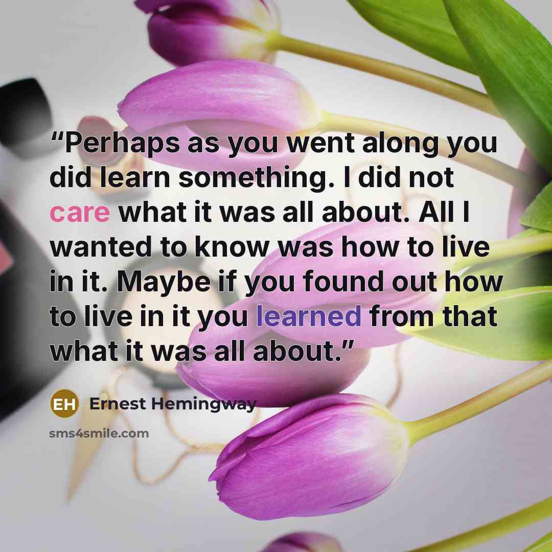 “Perhaps as you went along you did learn something. I did not care what it was all about. All I wanted to know was how to live in it. Maybe if you found out how to live in it you learned from that what it was all about.” quote by Ernest Hemingway