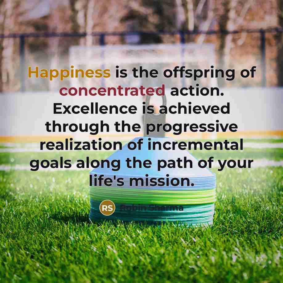 “Happiness is the offspring of concentrated action. Excellence is achieved…” quote by Robin Sharma