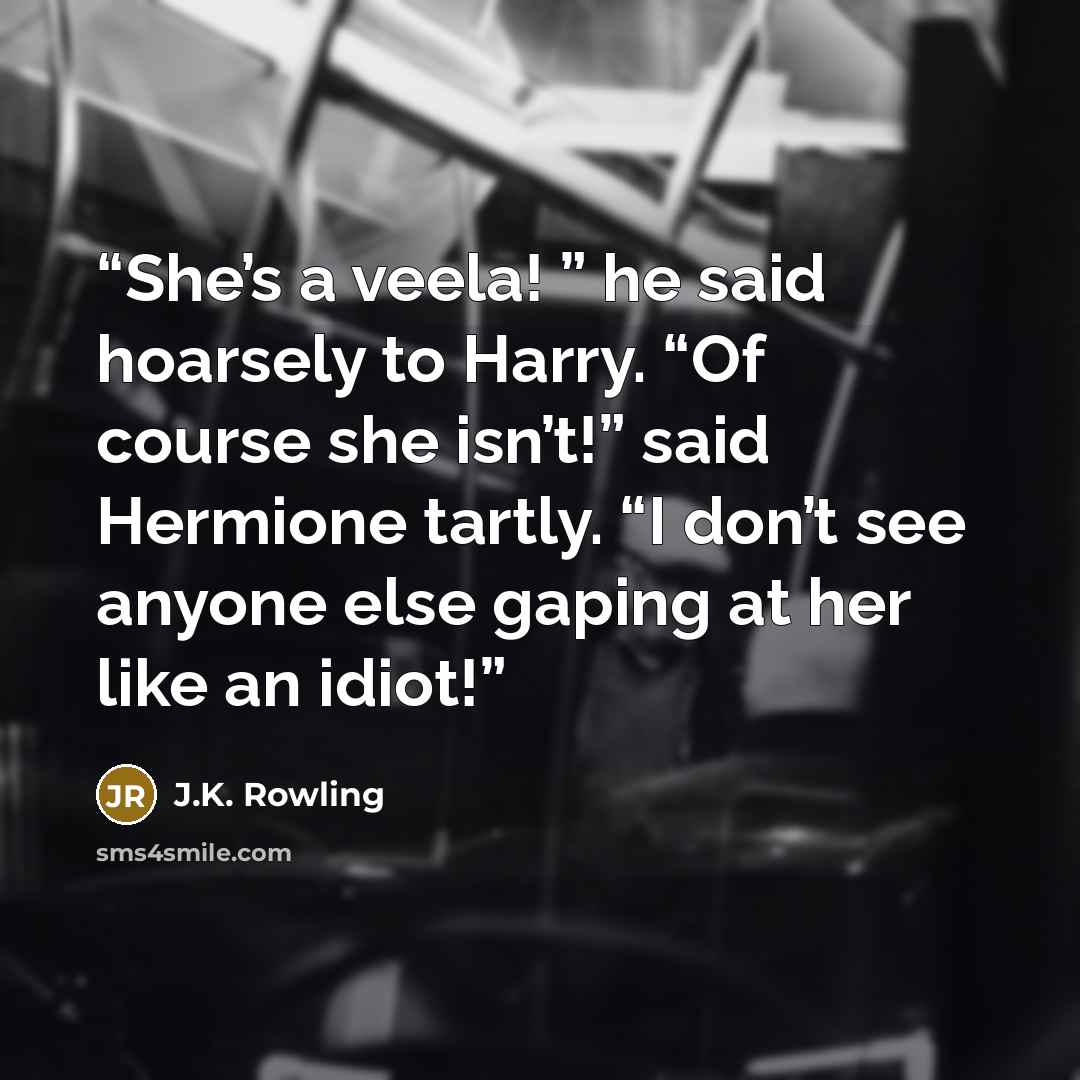 “She’s a veela! ” he said hoarsely to Harry. “Of course she isn’t!” said Hermione tartly. “I don’t see anyone else gaping at her like an idiot!” quote by J.K. Rowling