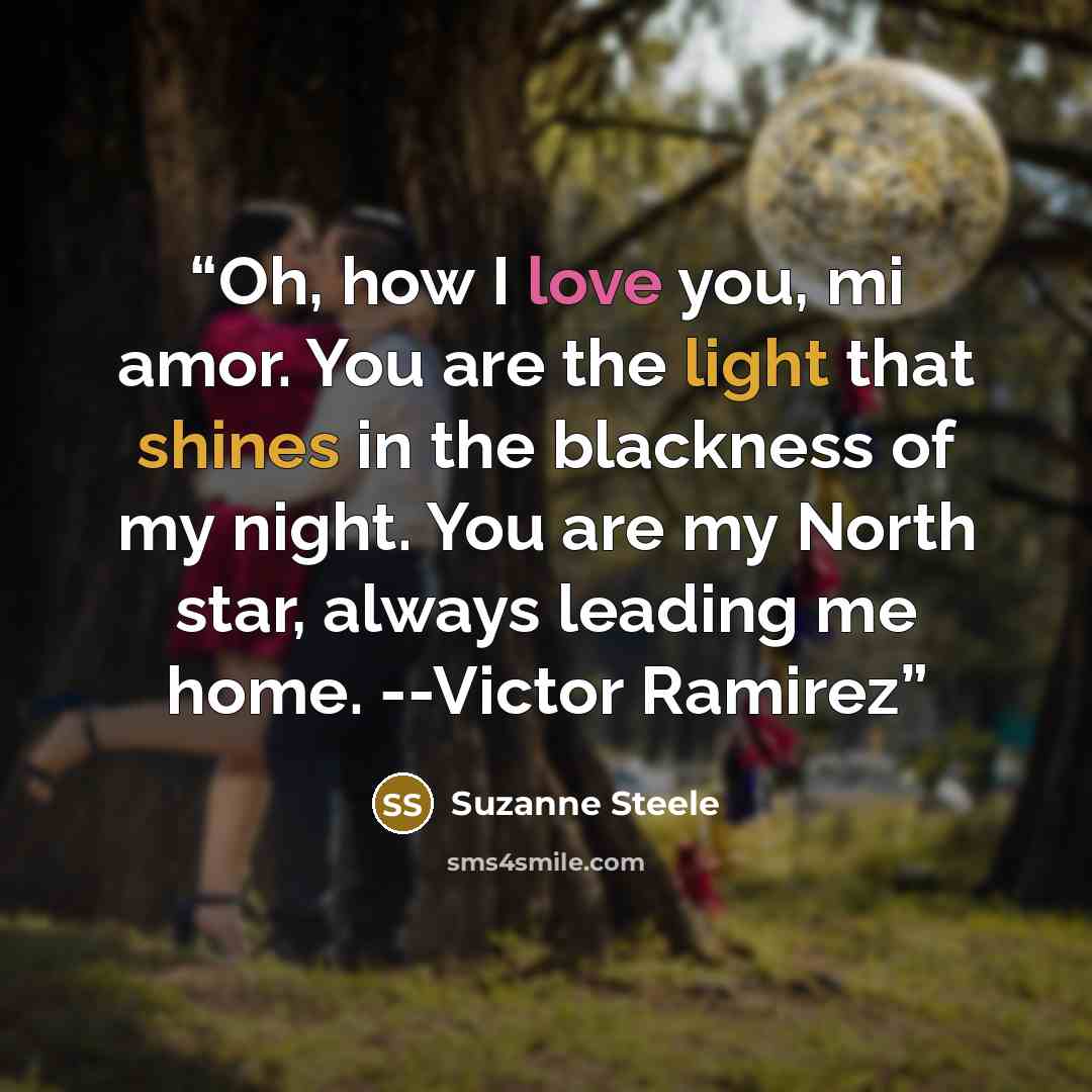 “Oh, how I love you, mi amor. You are the light that shines in the blackness of my night. You are my North star, always leading me home. --Victor Ramirez” quote by Suzanne Steele