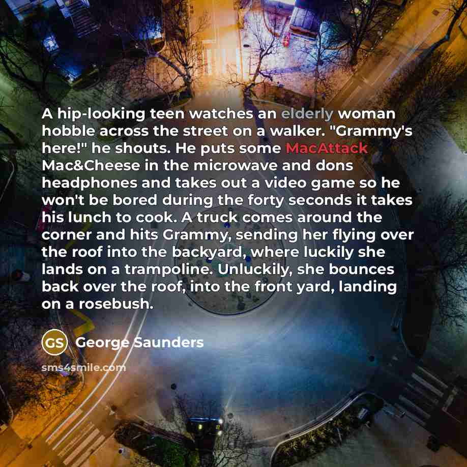 “A hip-looking teen watches an elderly woman hobble across the…” quote by George Saunders