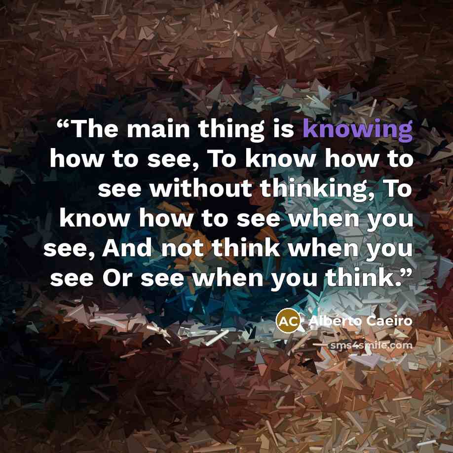 “The main thing is knowing how to see, To know how to see without thinking, To know how to see when you see, And not think when you see Or see when you think.” quote by Alberto Caeiro