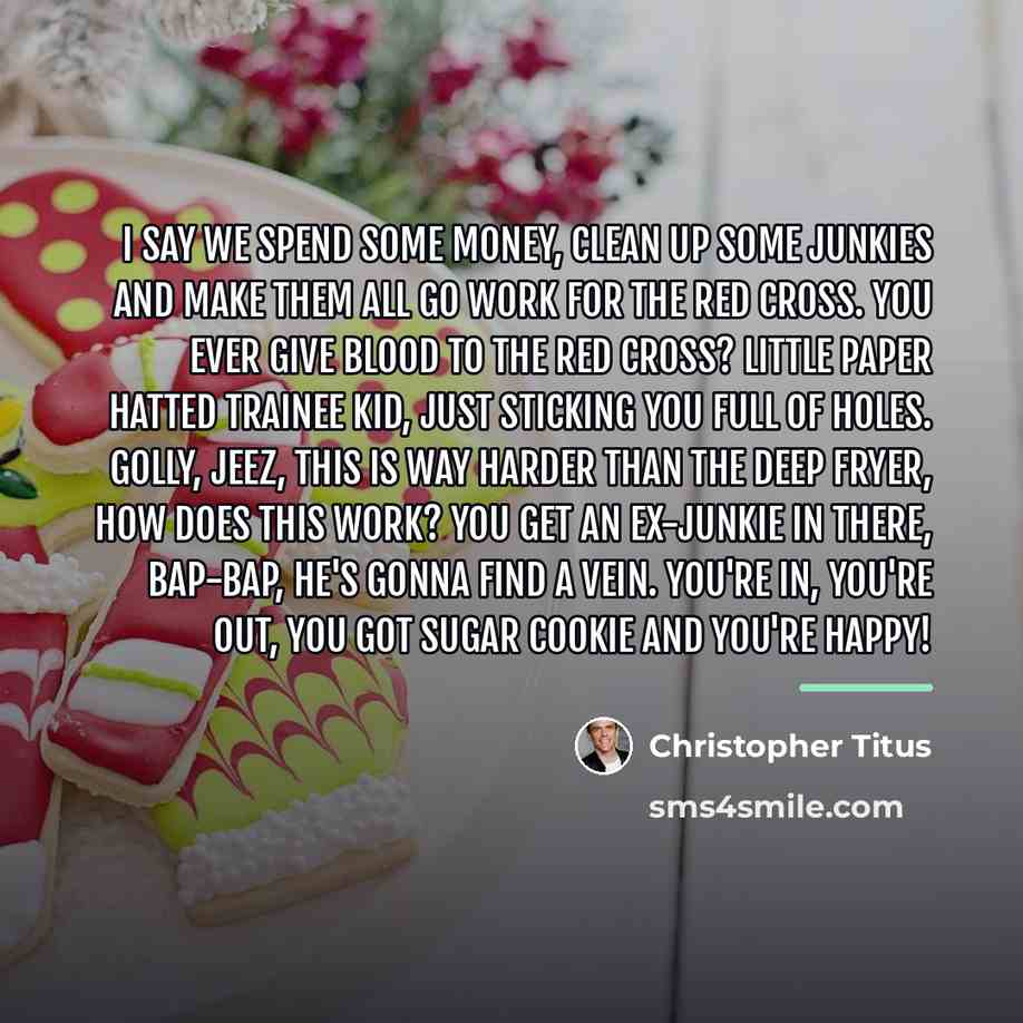 “I say we spend some money, clean up some junkies…” quote by Christopher Titus
