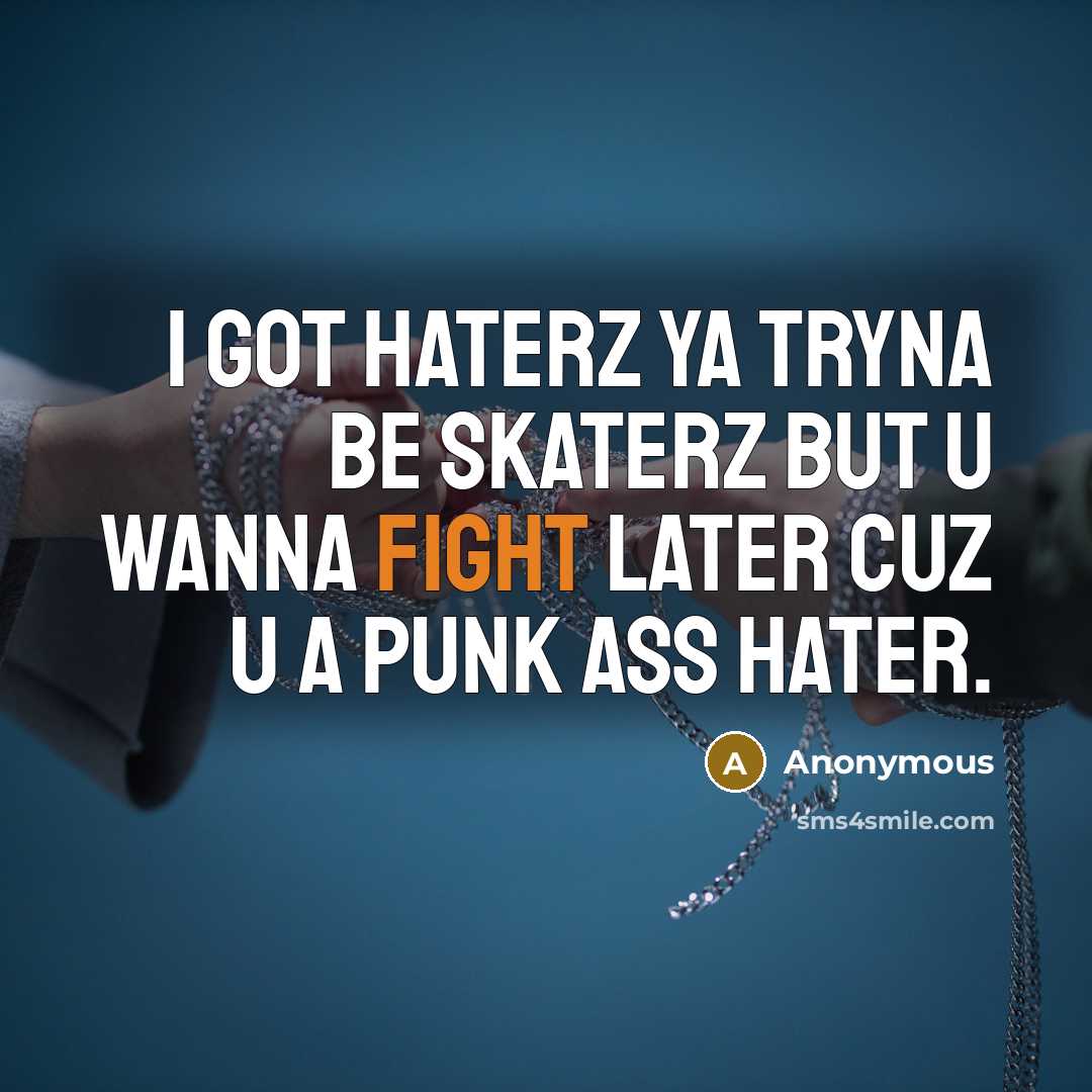 “I got haterz Ya tryna be skaterz but u wanna fight later cuz u a punk ass HATER.” quote by Anonymous