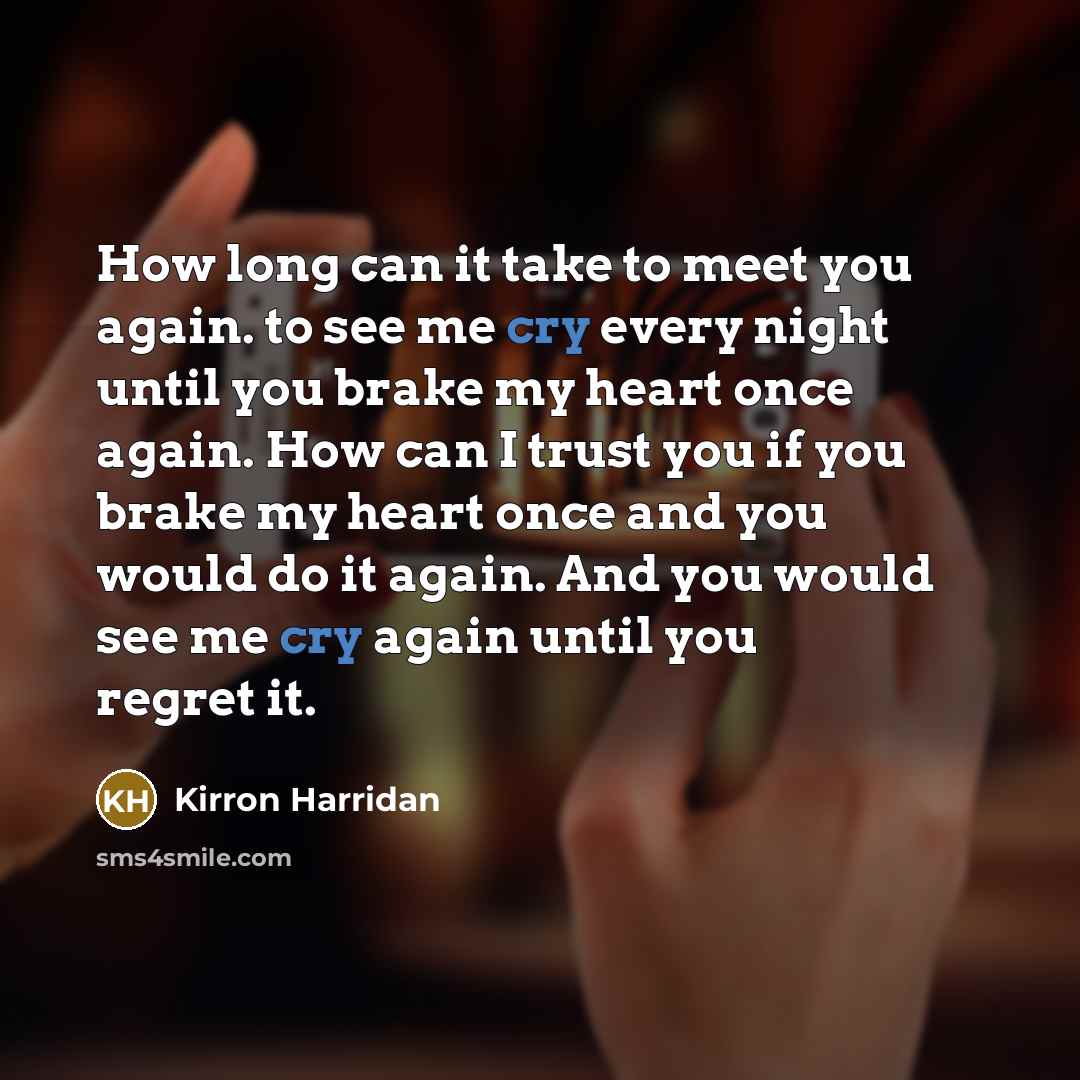 “How long can it take to meet you again. to see me cry every night until you brake my heart once again. How can I trust you if you brake my heart once and you would do it again. And you would see me cry again until you regret it.” quote by Kirron Harridan