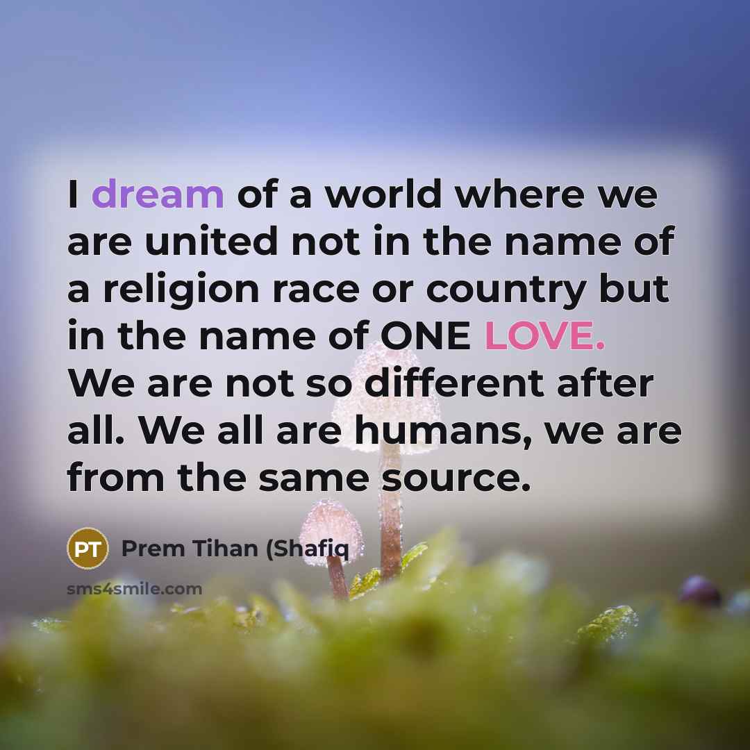“I dream of a world where we are united not in the name of a religion race or country but in the name of ONE LOVE. We are not so different after all. We all are humans, we are from the same source.” quote by Prem Tihan (Shafiq