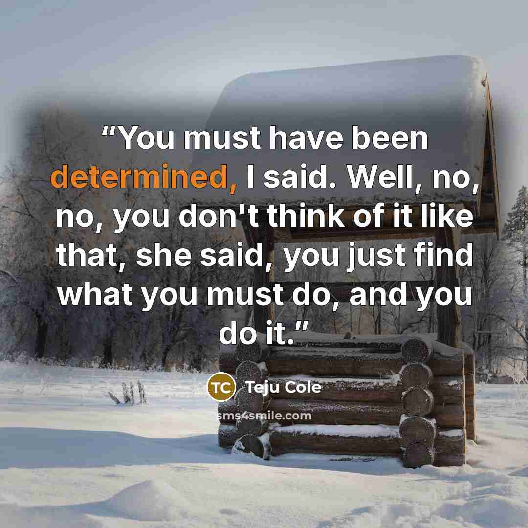 “You must have been determined, I said. Well, no, no, you don't think of it like that, she said, you just find what you must do, and you do it.” quote by Teju Cole