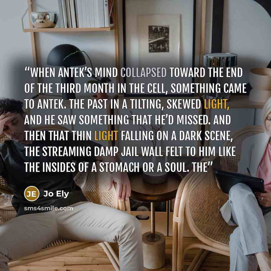 “When Antek’s mind collapsed toward the end of the third month in the cell, something came to Antek. The past in a tilting, skewed light, and he saw something that he’d missed. And then that thin light falling on a dark scene, the streaming damp jail wall felt to him like the insides of a stomach…” quote by Jo Ely