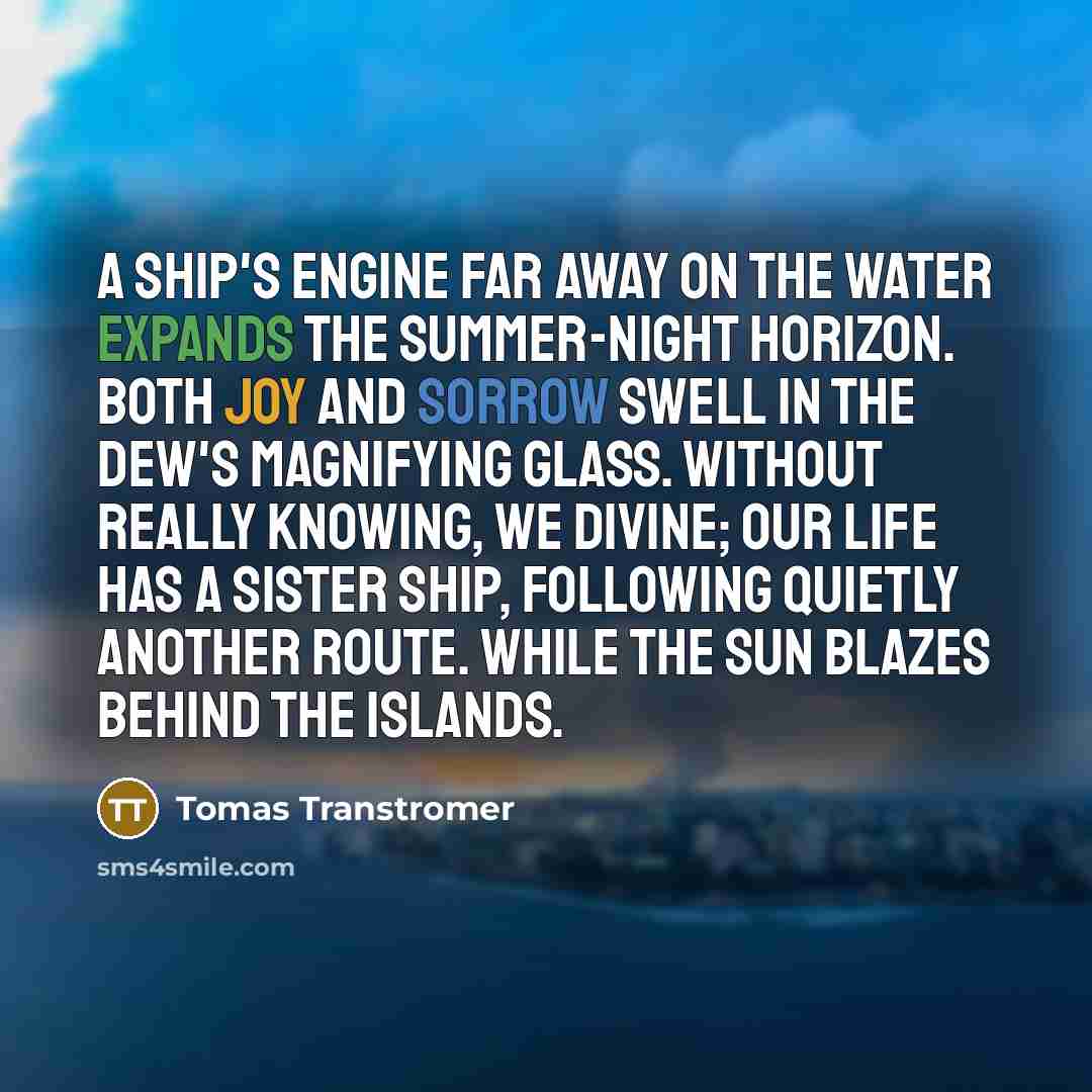 “A ship's engine far away on the water expands the summer-night horizon. Both joy and sorrow swell in the dew's magnifying glass. Without really knowing, we divine; our life has a sister ship, following quietly another route. While the sun blazes behind the islands.” quote by Tomas Transtromer