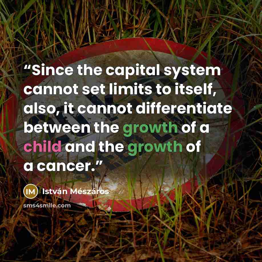 “Since the capital system cannot set limits to itself, also, it cannot differentiate between the growth of a child and the growth of a cancer.” quote by István Mészáros