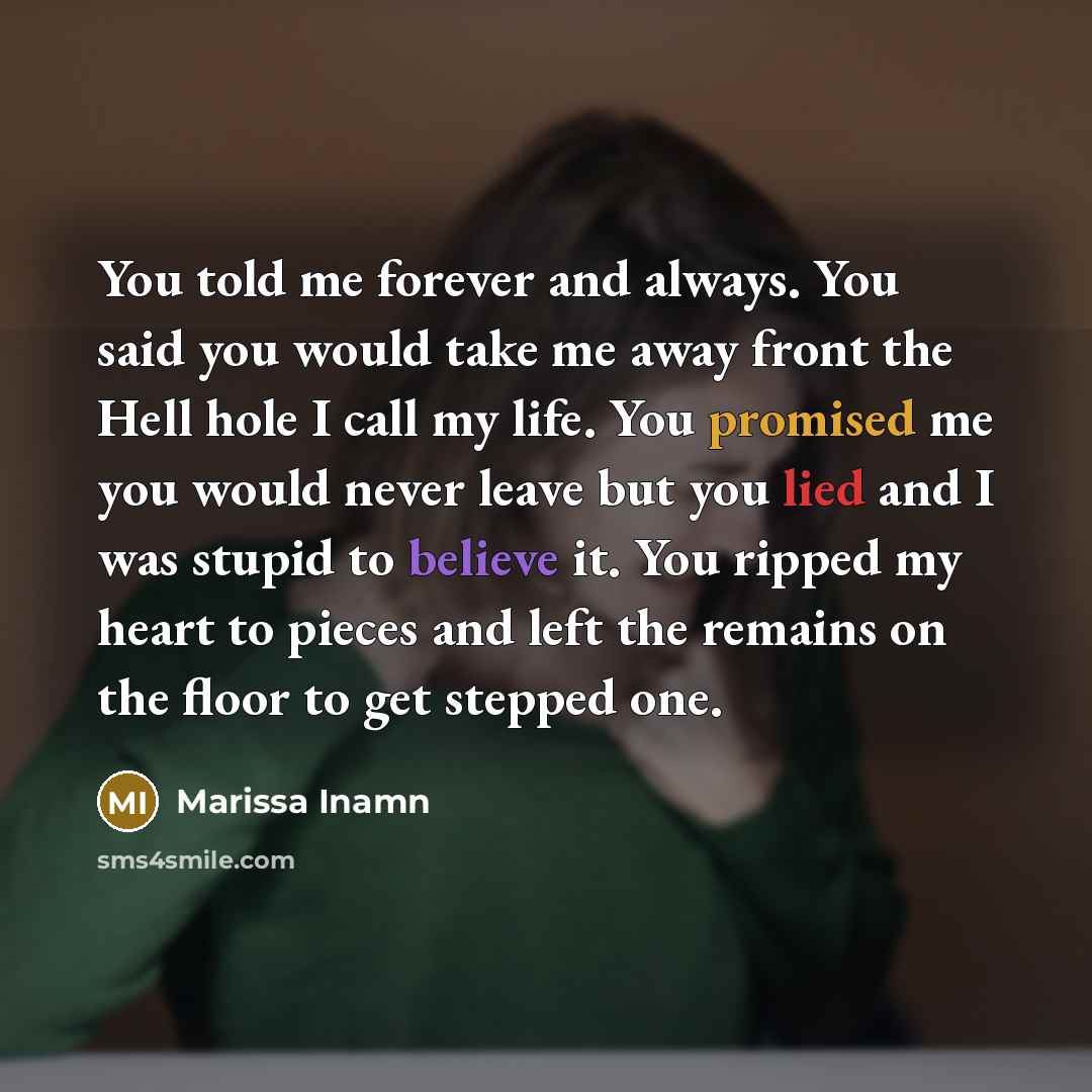 “You told me forever and always. You said you would take me away front the Hell hole I call my life. You promised me you would never leave but you lied and I was stupid to believe it. You ripped my heart to pieces and left the remains on the floor to get stepped one.” quote by Marissa Inamn
